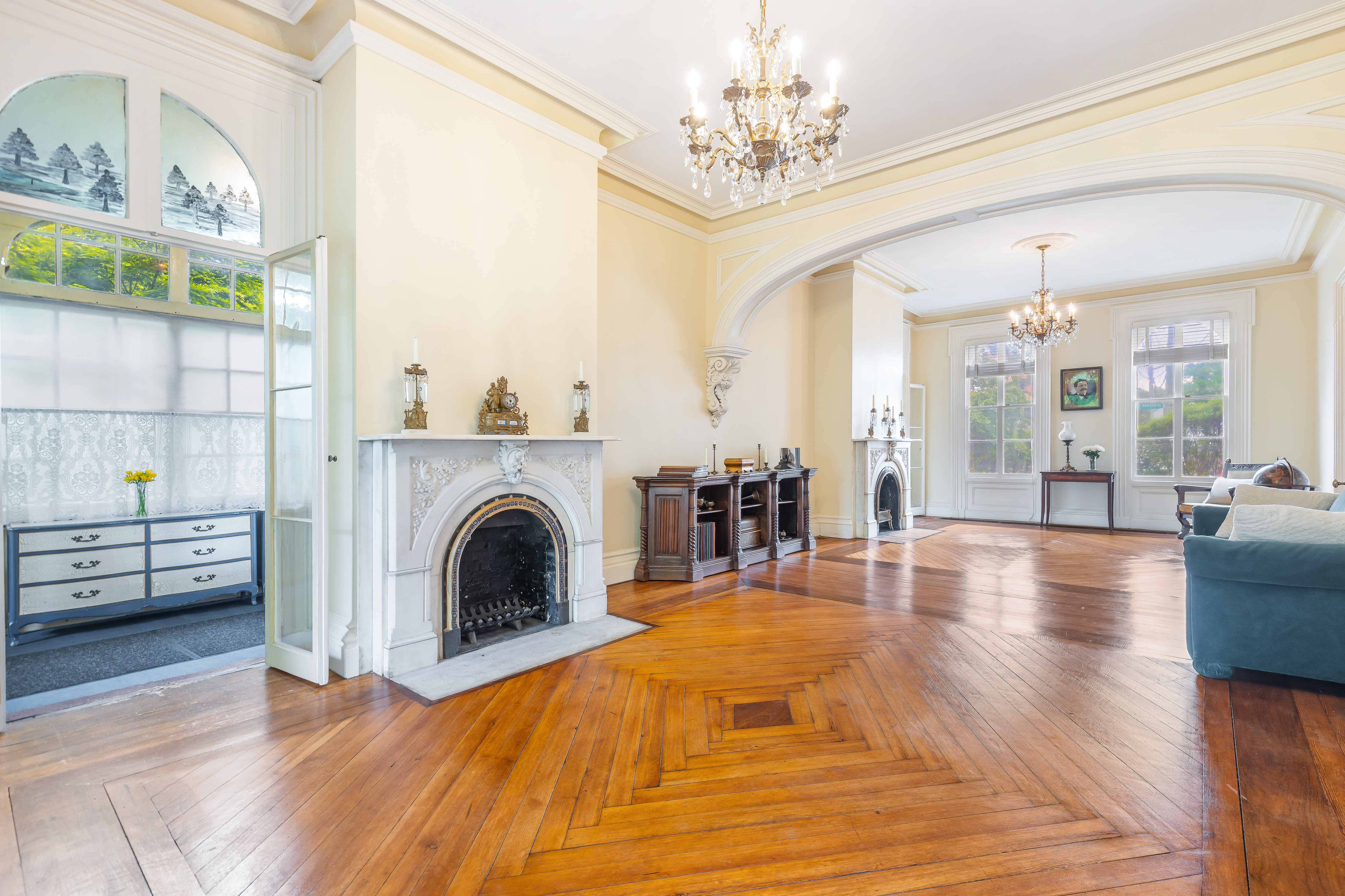 Parlor with marble fireplace