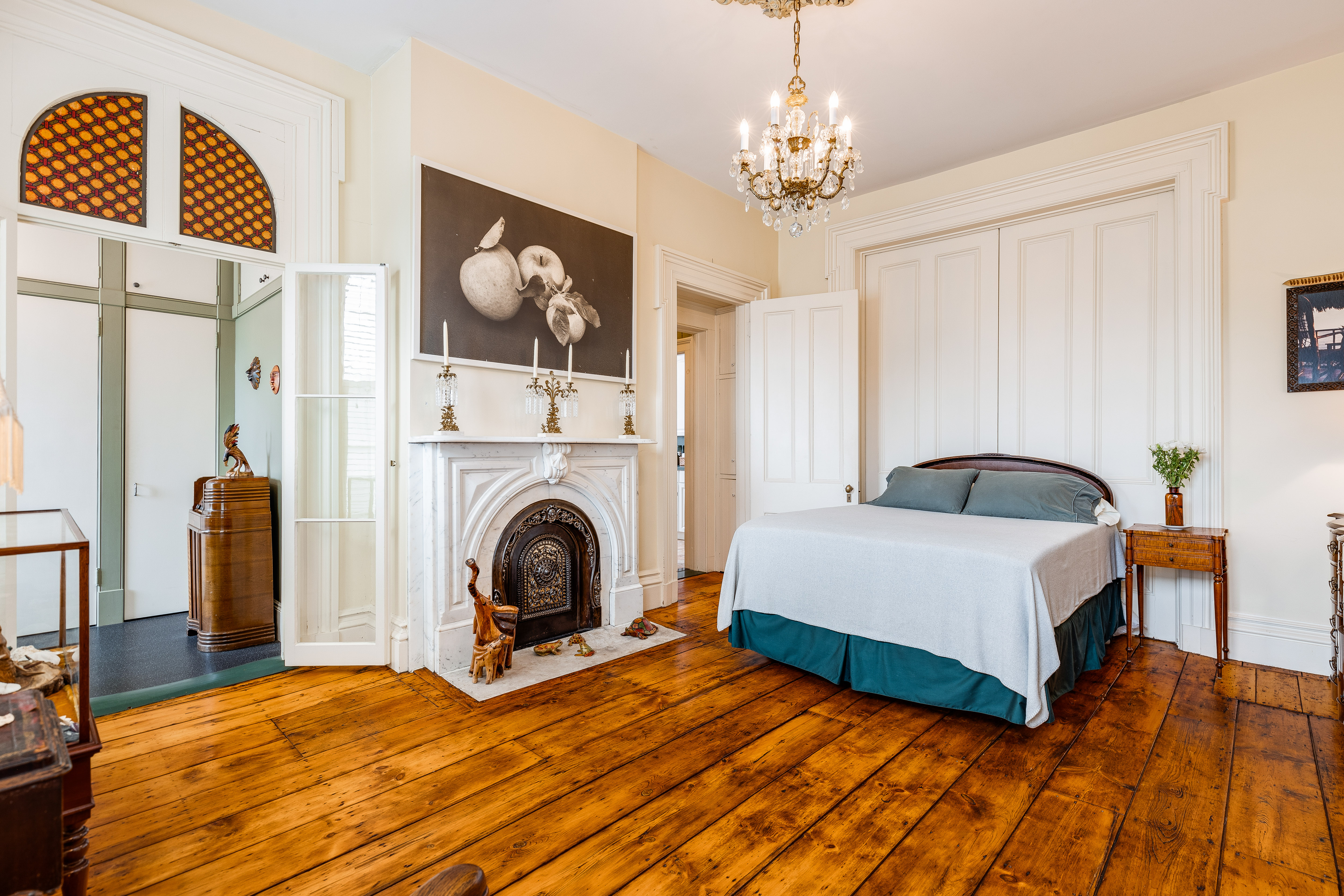 Master bedroom with chandelier