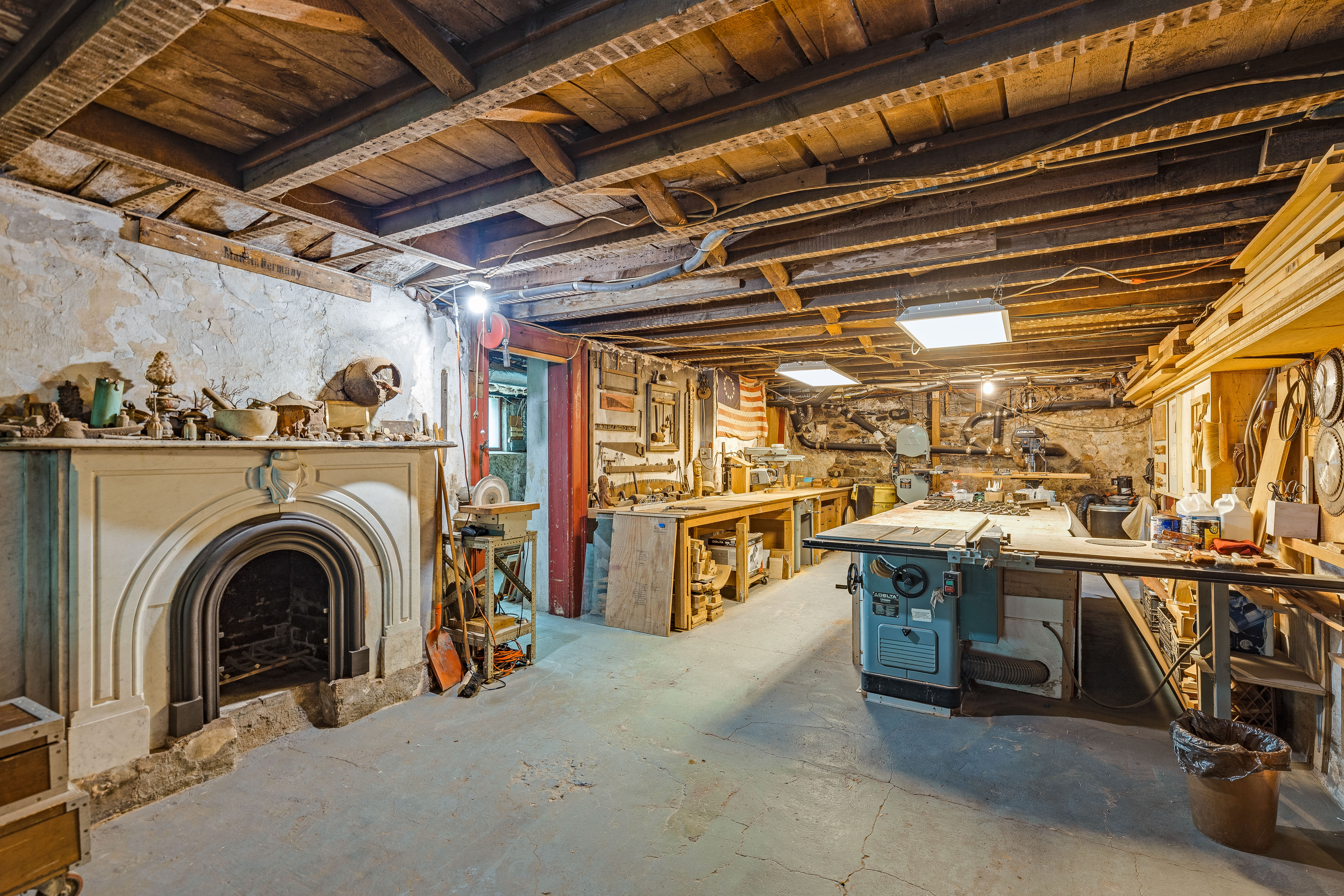 The laboratory with fireplace and workbenches