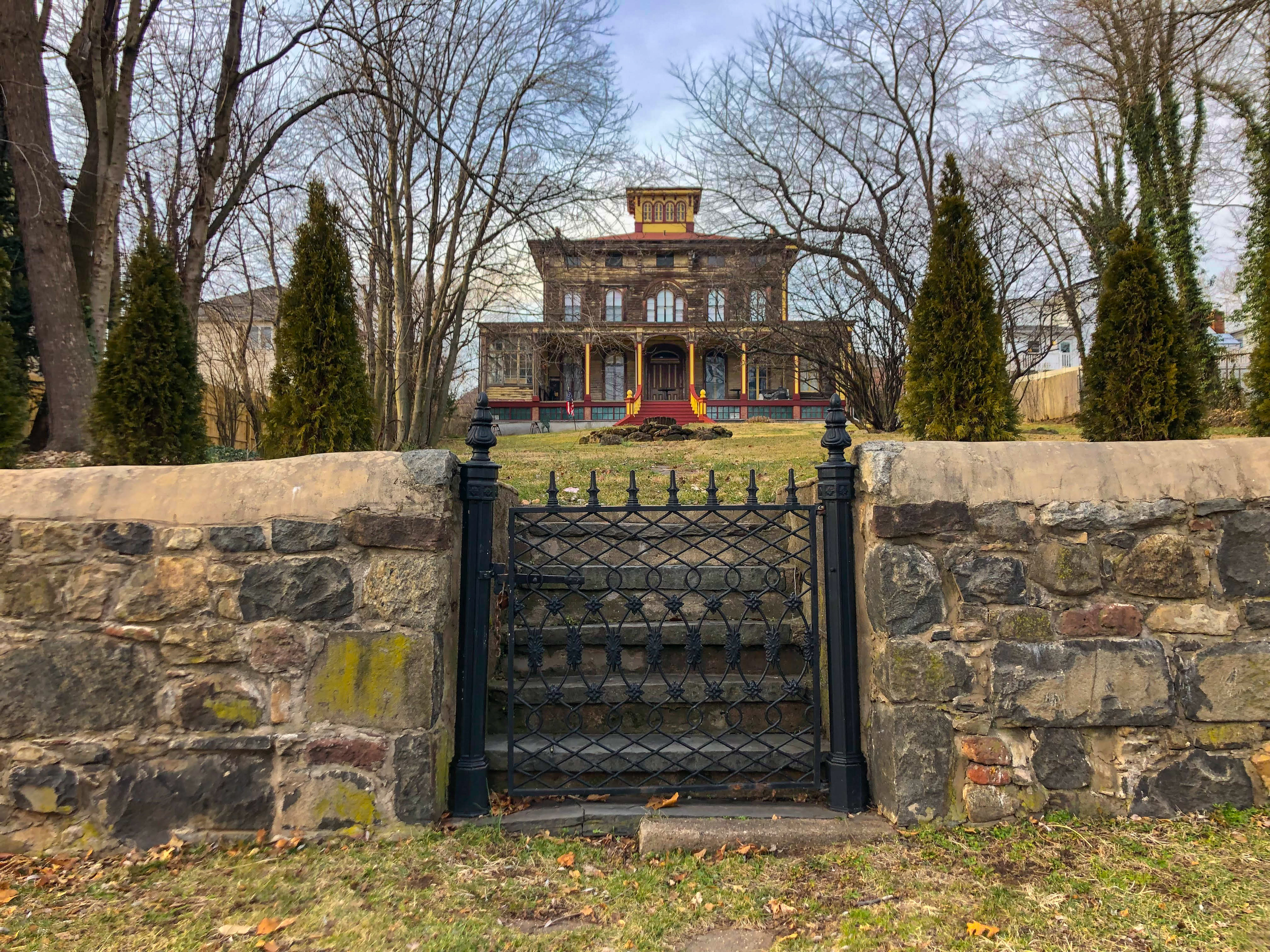 Winter view through iron gate